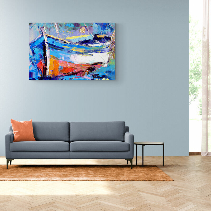 Pintura abstracta expresionista con texturas dinámicas y paleta de colores marinos