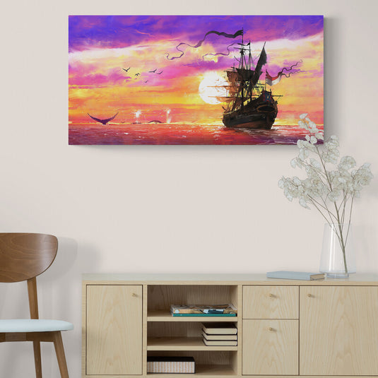 Pintura de un galeón al atardecer con ballenas y un cielo colorido