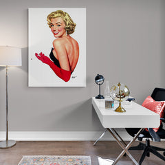 Mujer rubia glamurosa de los años 50 con vestido de lentejuelas y guantes rojos posando con encanto