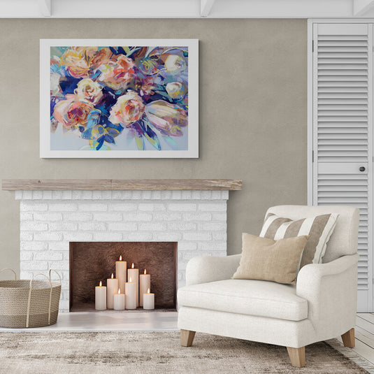 Pintura abstracta de flores en tonos pastel y estilo moderno.