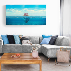 Pintura surrealista de una casa en una isla flotante con parte sumergida en el mar