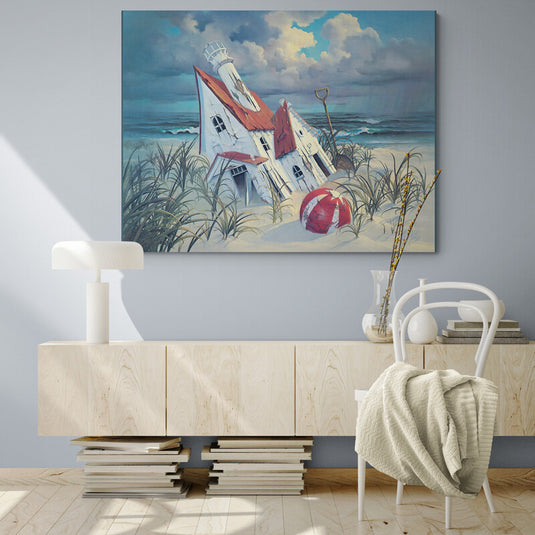Pintura surrealista de un faro derrumbado en una playa desierta