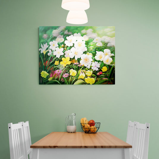 Pintura de jardín en flor con flores blancas y amarillas.