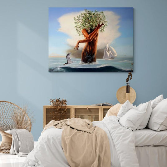 Armonía entre la mujer y el mar: Cuadro decorativo con gaviota, embarcación y rostro verde de hojas