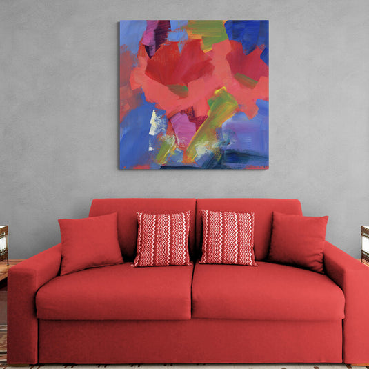Pintura abstracta en tonos rojos, azules y verdes con pinceladas dinámicas.