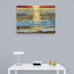 Pintura abstracta con pinceladas estilo mosaico del sol reflejándose en el agua al atardecer