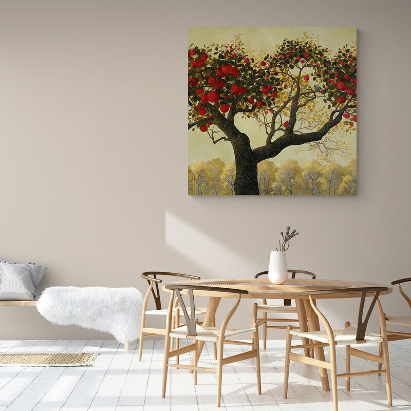 Cuadro decorativo: Árbol con tronco grueso y ramas delgadas, rodeado de frutos tipo manzanas sobre fondo amarillo arena.