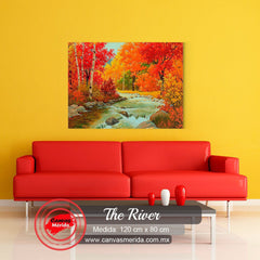 Escena de río con árboles otoñales - Cuadro decorativo de naturaleza serena y colores cálidos