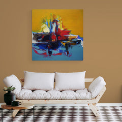Pintura abstracta de barcos coloridos en el muelle