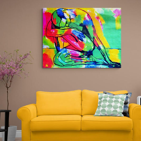 cuadro moderno de figura humana con colores neón – arte expresionista abstracto para decoración emocional y contemporánea