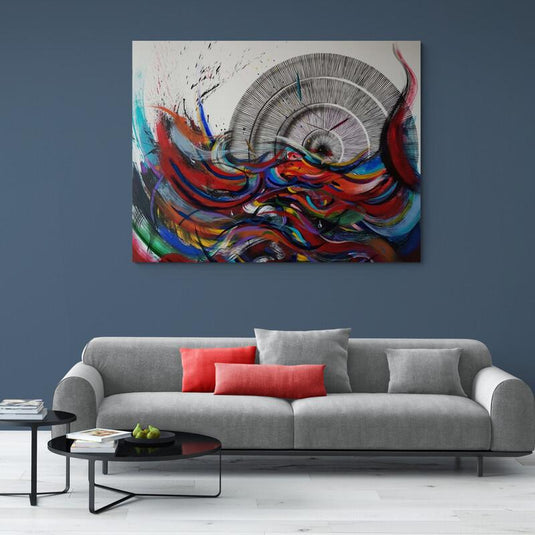 cuadro abstracto con espiral geométrica y olas de colores intensos – arte moderno vibrante para sala contemporánea