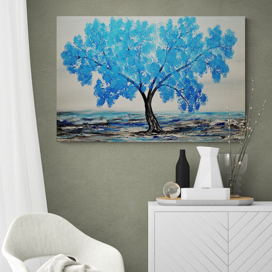 Imagen_de_cuadro_decorativo_árbol_con_tronco_café_oscuro_hojas_azules_fondo_crema_suelo_colorido_azul_negro_crema