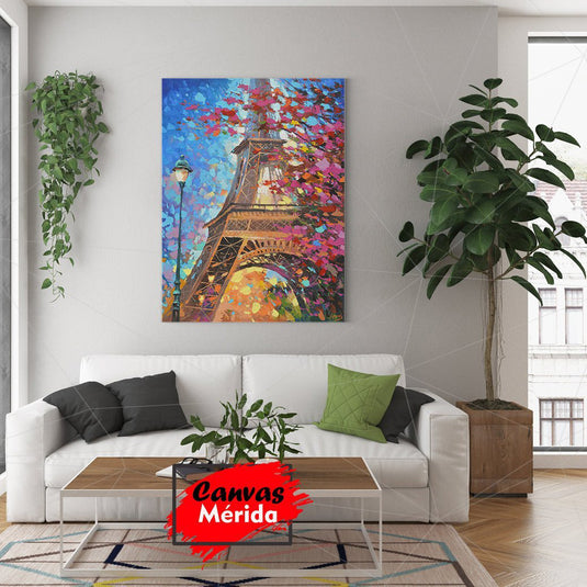 Cuadro decorativo de la Torre Eiffel con árbol de hojas rosa en estilo óleo
