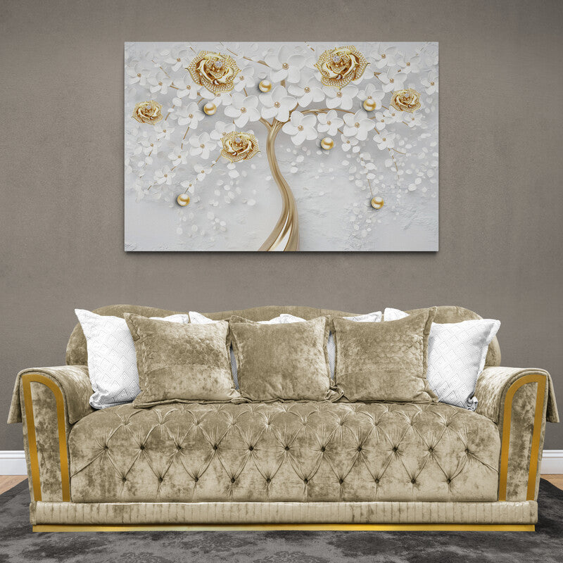 Cuadro Decorativo con Árbol Dorado y Flores Blancas y Doradas sobre Fondo Gris
