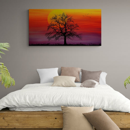 Cuadro_Decorativo_Arbol_Ramas_Negras_Fondo_Morado_Rojo_Naranja_Amarillo_Sol_Amarillo