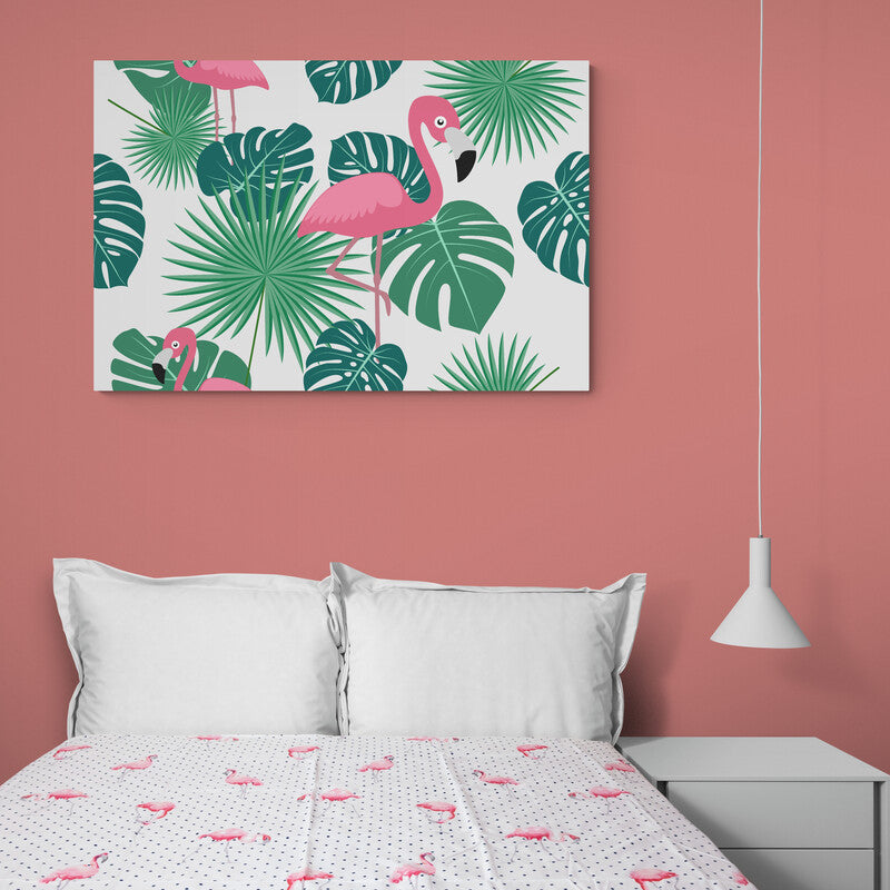 Cuadro Decorativo: Flamingos Rosas entre Hojas Tropicales sobre Fondo Blanco