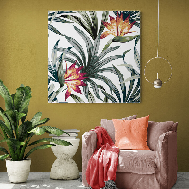Patrón Decorativo de Flores Tropicales y Hojas Verdes Estilizadas