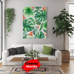 Patrón de hojas tropicales y flores exóticas en acuarela para diseño de interiores