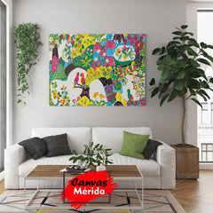 Cuadro decorativo tropical con hojas, flores en tonos rosa, verde, amarillo, azul y café, destacando dos guacamayas rojas.