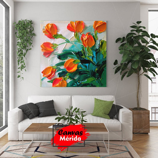 Pintura al óleo de tulipanes naranjas y rojos con hojas verdes