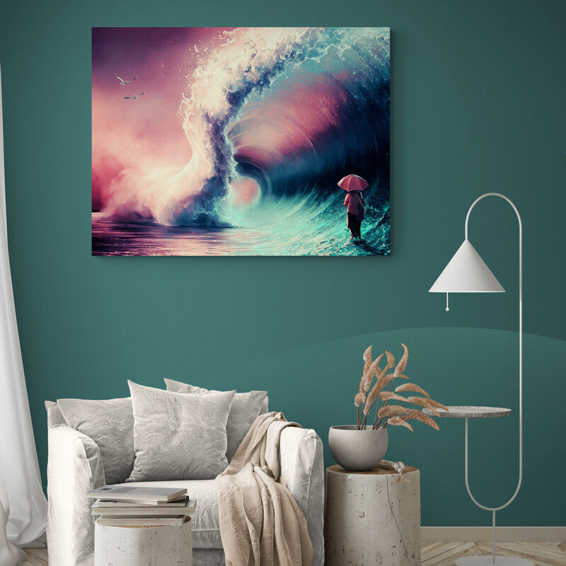 Pintura surrealista de una persona con paraguas frente a una gran ola