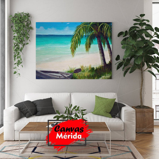 Pintura de un bote bajo palmeras con vista al mar turquesa