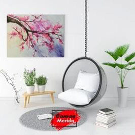 Rama con hojas rosa en tonos azul turquesa - Cuadro decorativo de naturaleza enigmática y delicada
