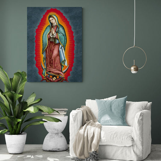 Imagen de la Virgen de Guadalupe con manto azul y aura radiante.