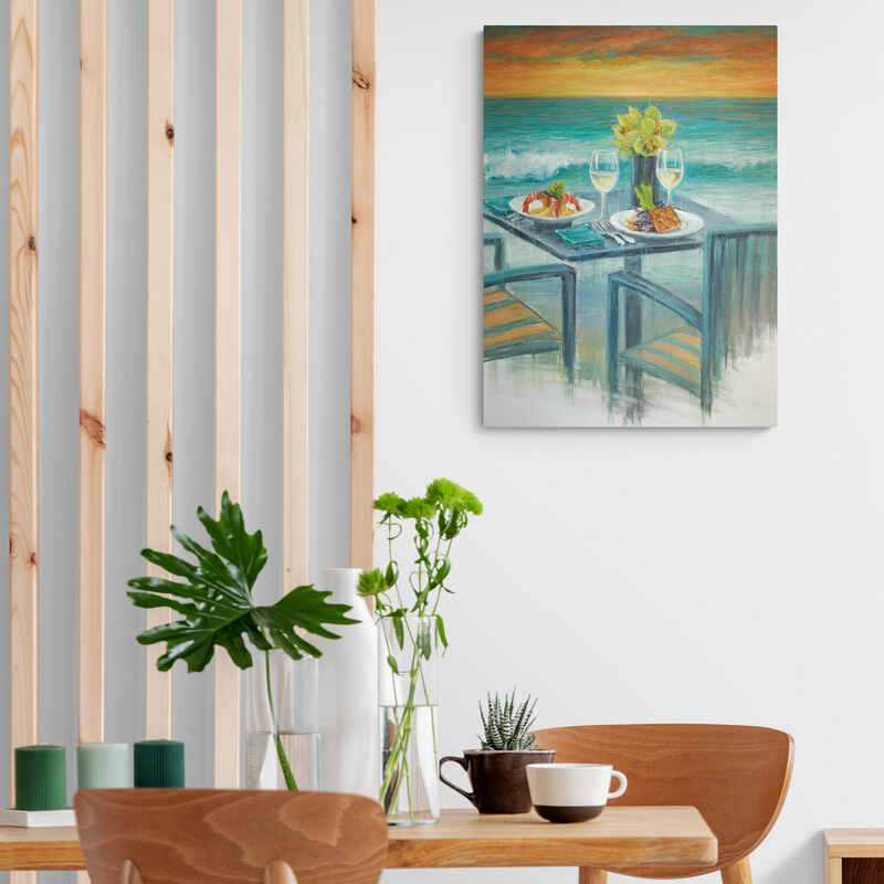 Pintura de una cena romántica en mesa junto al mar al atardecer