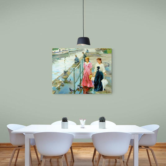 cuadro clásico de mujeres caminando por el malecón – arte romántico costumbrista en tonos pastel para comedor o sala elegante