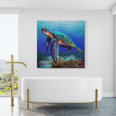 Pintura colorida de una tortuga marina nadando en un arrecife