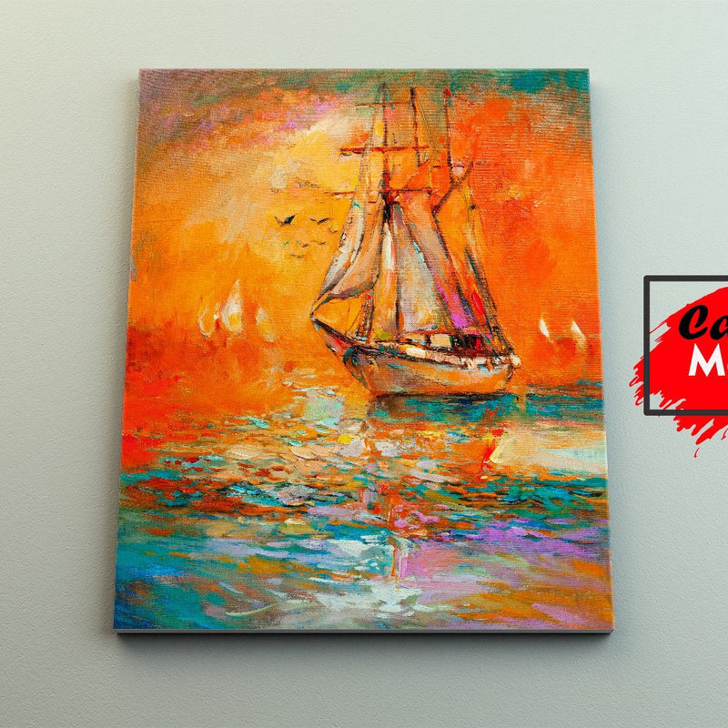 Pintura al óleo de un velero al atardecer con cielo anaranjado y aguas reflejantes