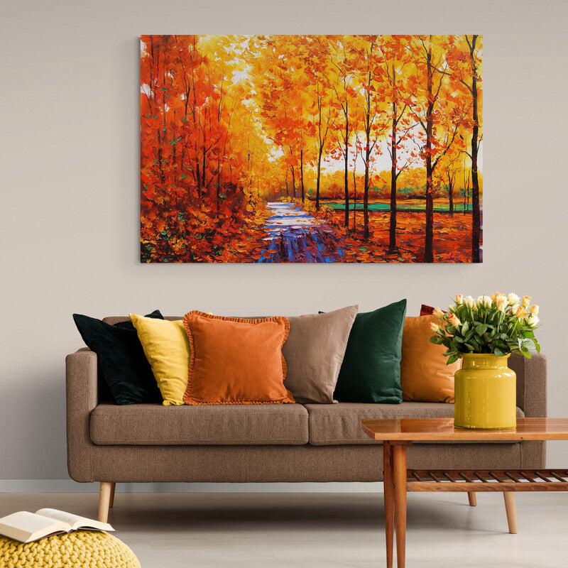 Cuadro_decorativo_camino_arboles_altos_hojas_amarillas_rojas_naranjas_hojas_en_suelo_colores_del_otoño