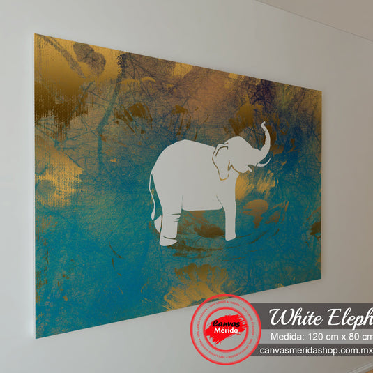 Arte de Elefante Blanco en Fondo Abstracto Dorado y Azul