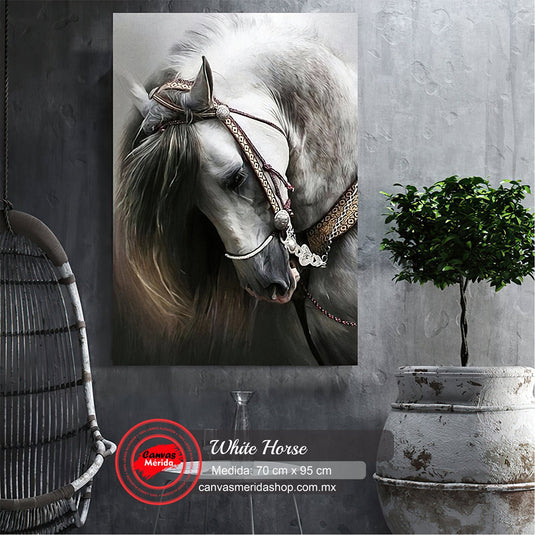 Retrato detallado de un caballo blanco con brida ornamental