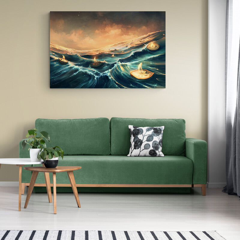 Pintura surrealista de barcos con forma de islas en un mar tempestuoso