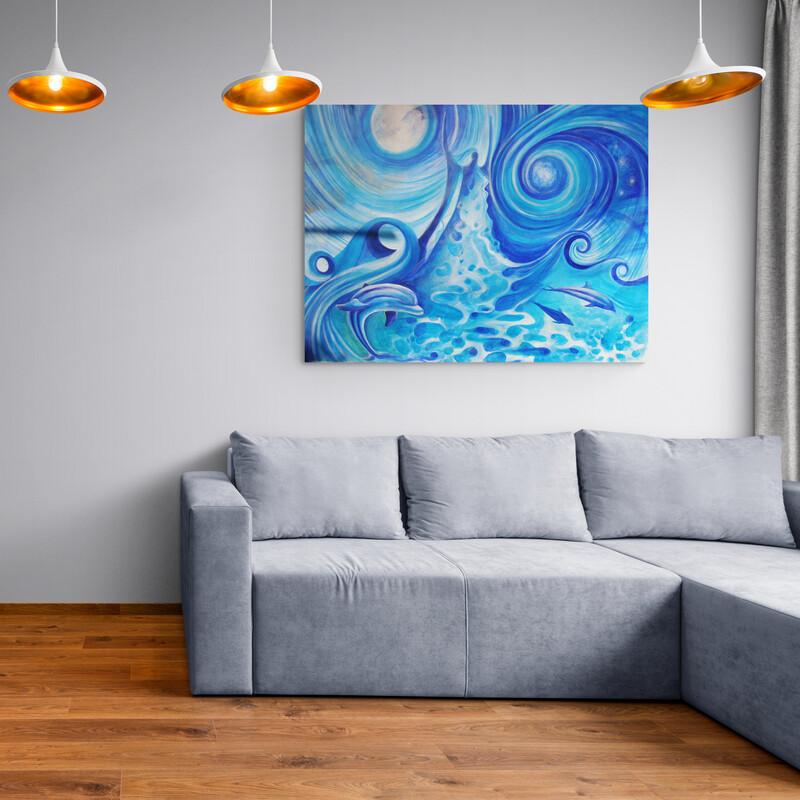 Pintura estilizada de olas y vida marina en tonos de azul con influencias de Van Gogh