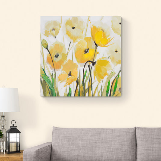 Pintura de amapolas amarillas con fondo blanco y detalles en verde.