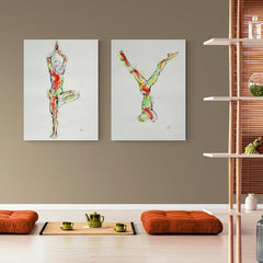 Set de cuadros blancos con posturas de yoga en contraste de colores rojo y verde: equilibrio hacia arriba y de cabeza