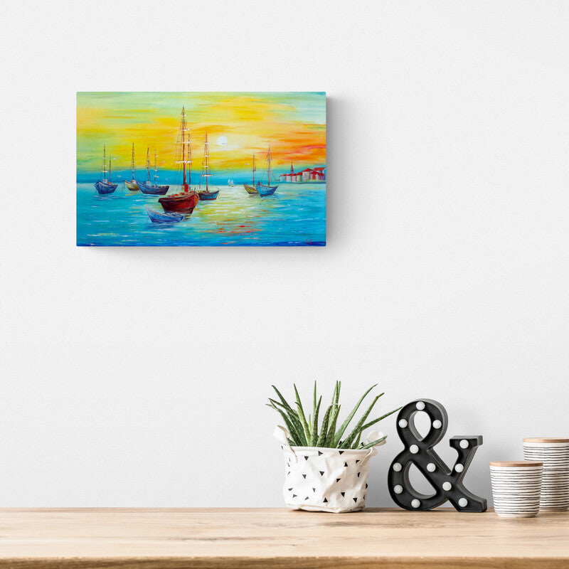 Pintura colorida de veleros al atardecer en aguas tranquilas