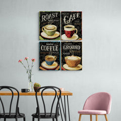 Set de cuadros vintage con tazas de café titulados 'roast', 'cafe', 'coffee', y 'Ground'.