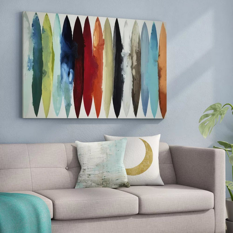Obra de arte abstracto con series de formas alargadas en colores variados