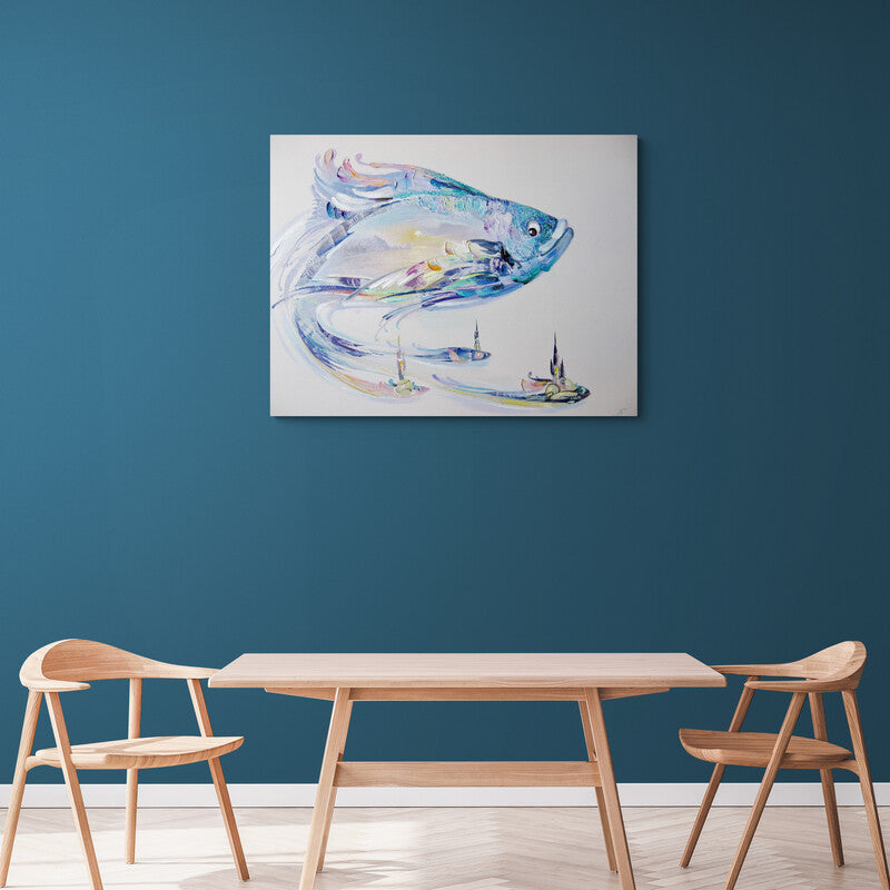 Pintura expresionista de pez en tonos pastel con movimiento fluido