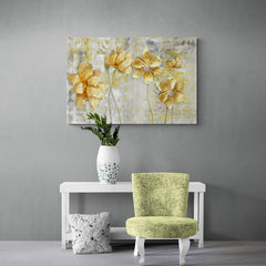 Pintura contemporánea de flores doradas sobre fondo abstracto.