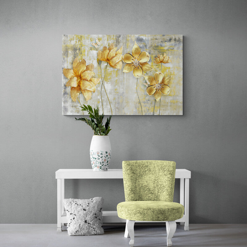 Gold Flowers and Butterfly - Canvas Mérida Fine Print Art