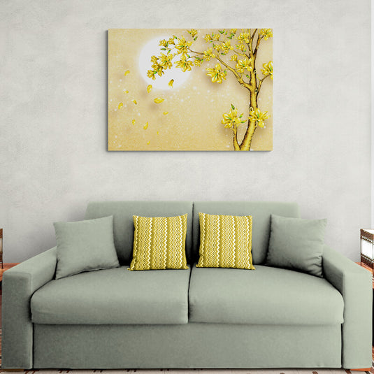 Cuadro Decorativo: Fondo Amarillo Arena con Círculo Blanco y Árbol de Hojas Amarillas y Tronco