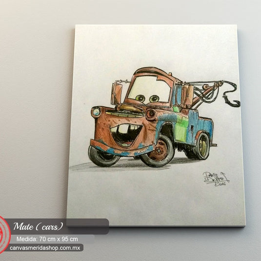 Ilustración de Mate, el personaje de "Cars", dibujado con lápices de colores.