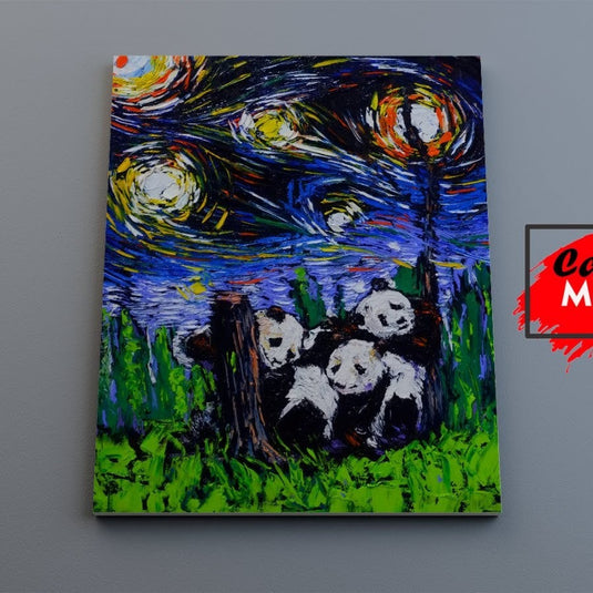 Interpretación artística de pandas bajo un cielo estrellado al estilo de Van Gogh