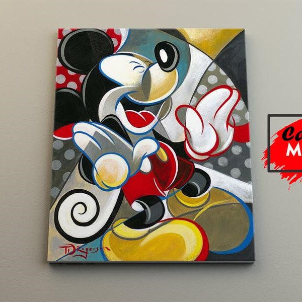 Obra de arte abimarios y formas curvas estilizadas inspiradas en personajes de dibujos animados clásicos Mickey Mouse stracta con colores pr