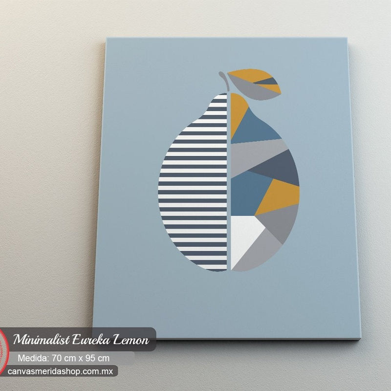 Ilustración minimalista de fruta abstracta con patrones geométricos en tonos azules y grises